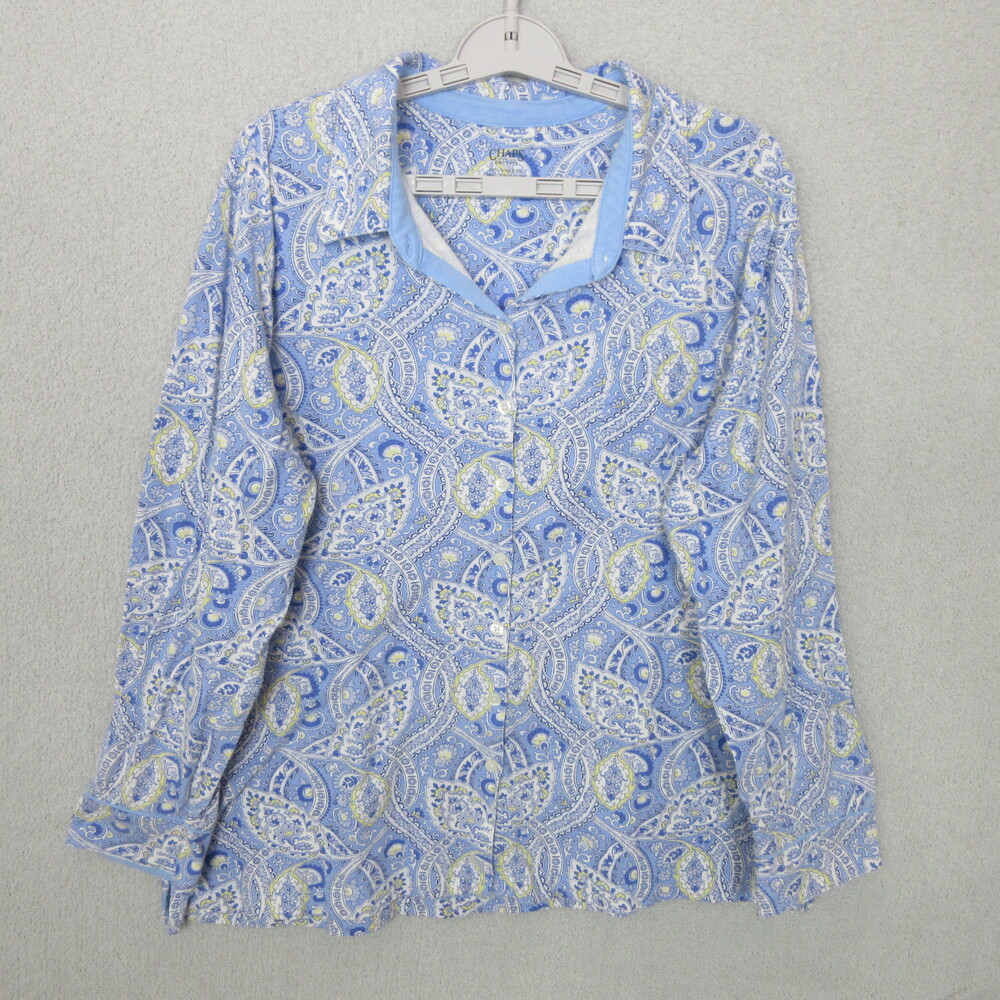 CHAPS‎ Womens XL Blue Paisley Button Front Long Sleeve Blouse Bohemian